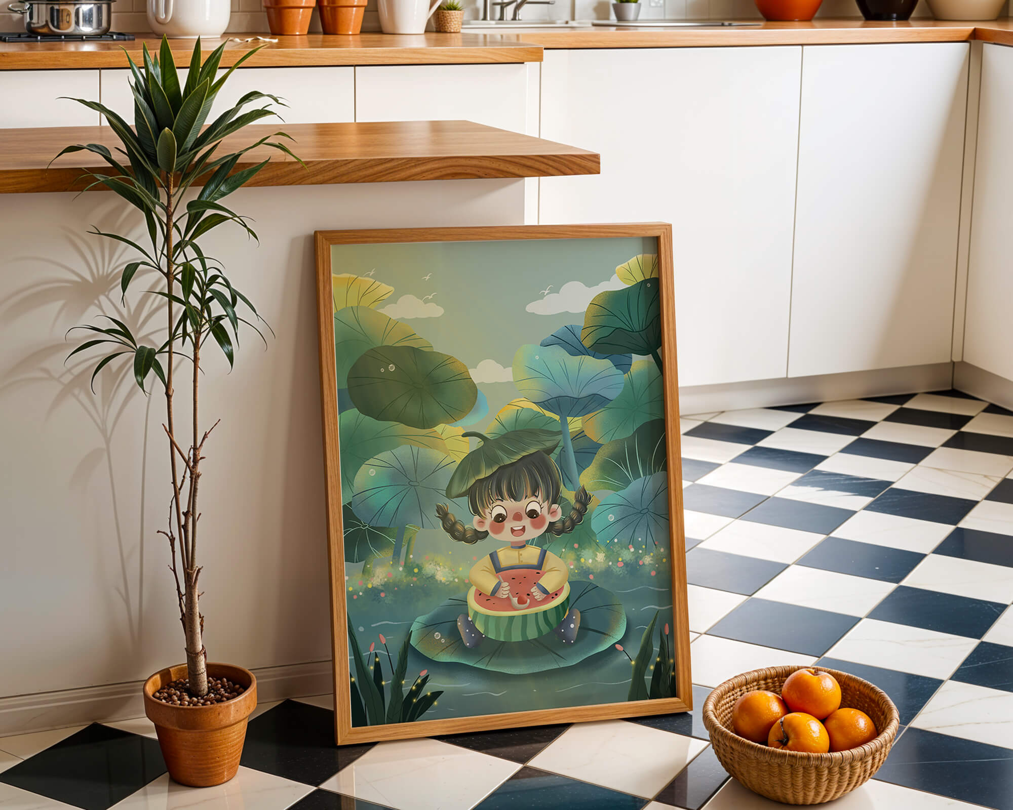 Charming illustration of a child enjoying watermelon amidst whimsical nature