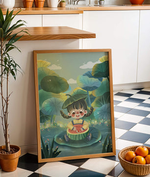 Charming illustration of a child enjoying watermelon amidst whimsical nature