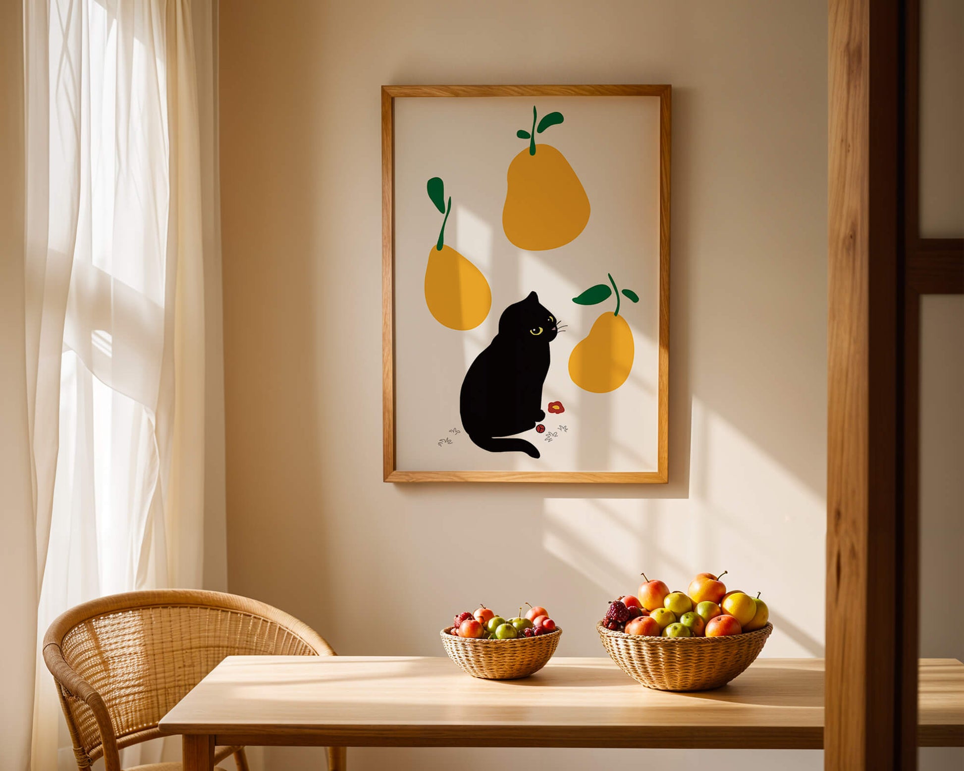Ilustración de gato negro con peras amarillas y hojas verdes