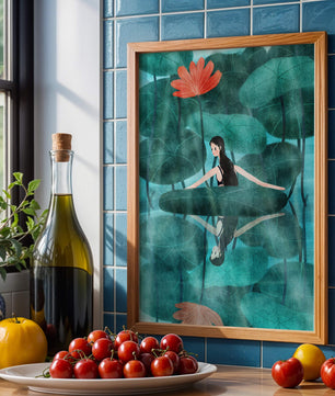 Femme réfléchissant parmi des feuilles de lotus et des fleurs avec une image miroir