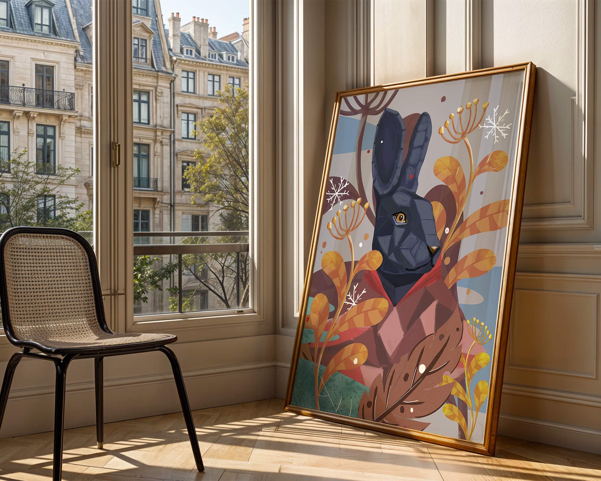 Abstract geometric rabbit in a vibrant autumn floral setting