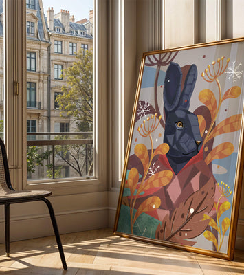 Abstract geometric rabbit in a vibrant autumn floral setting