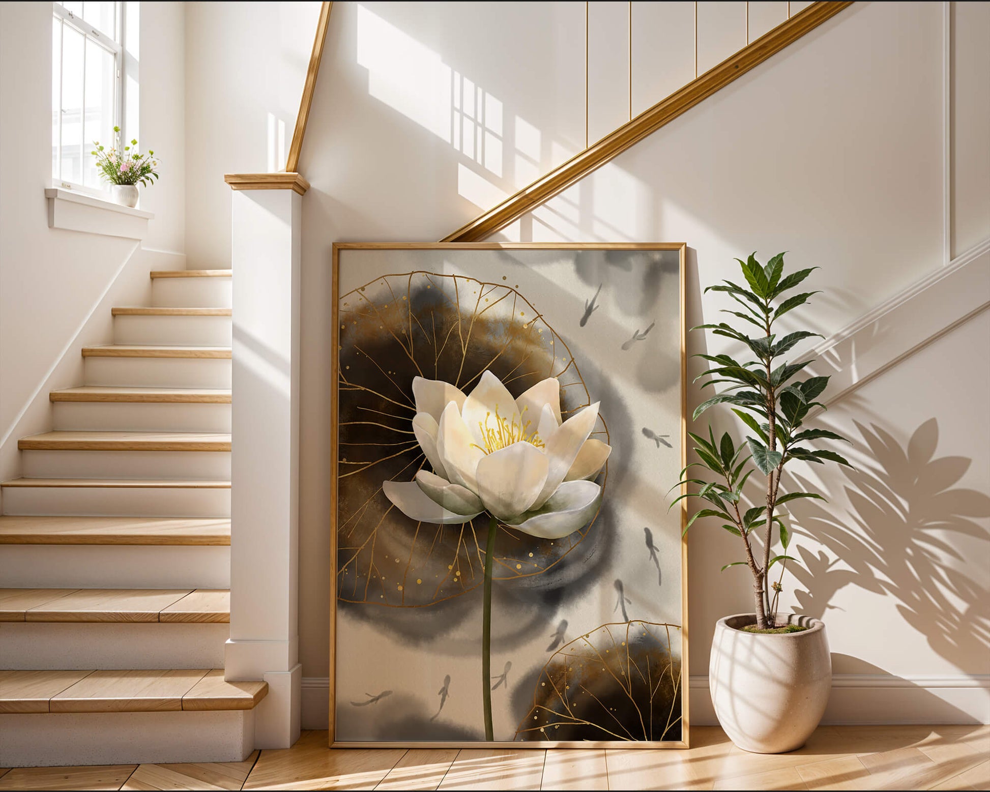 Illustration of a lotus flower with golden accents