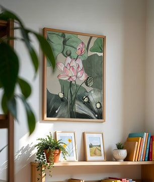 Illustrated lotus with playful cartoon bees in a serene garden