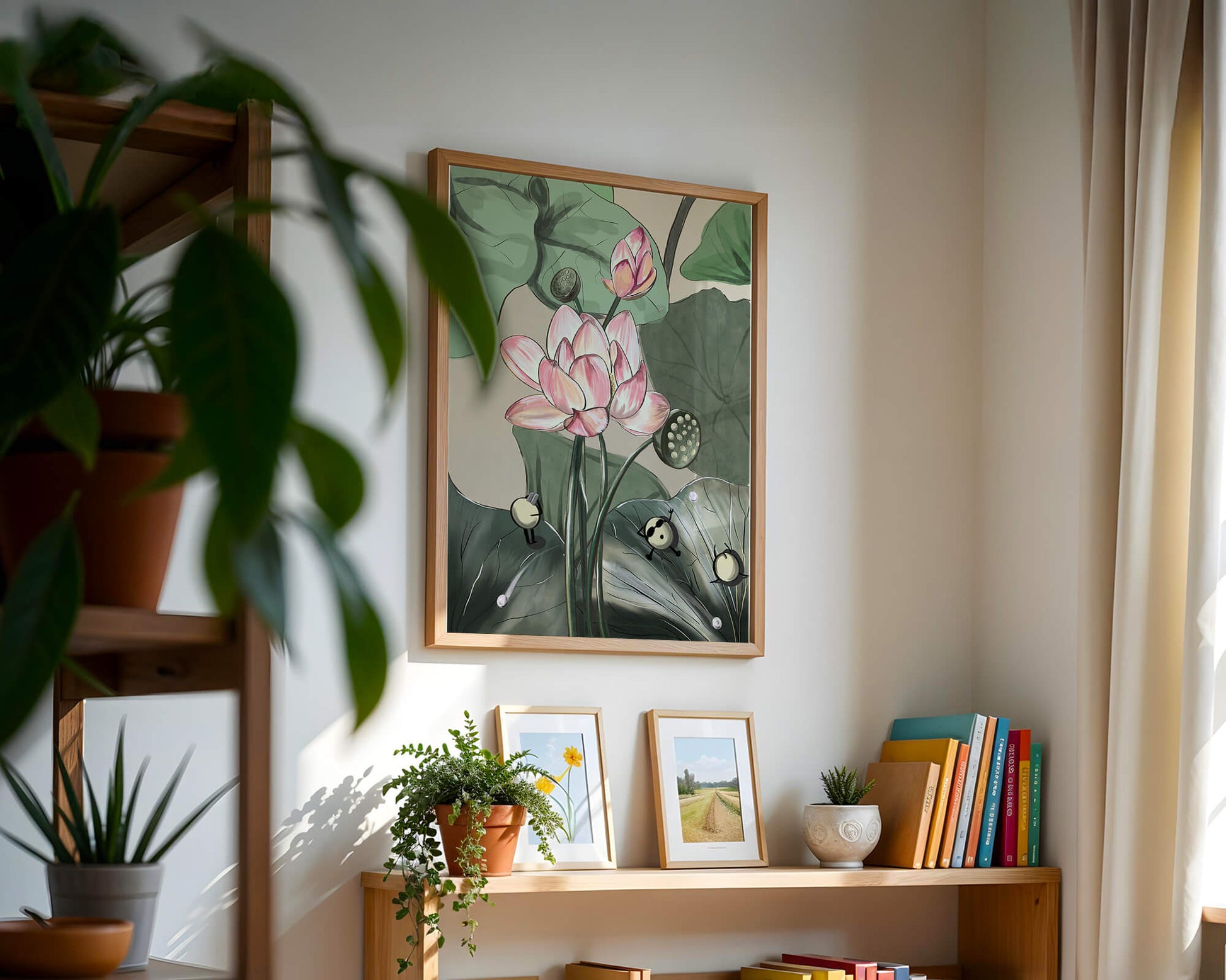 Illustrated lotus with playful cartoon bees in a serene garden