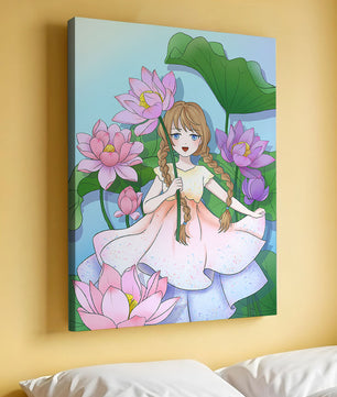 Illustration fantaisiste d'une jeune fille aux cheveux tressés parmi des fleurs de lotus