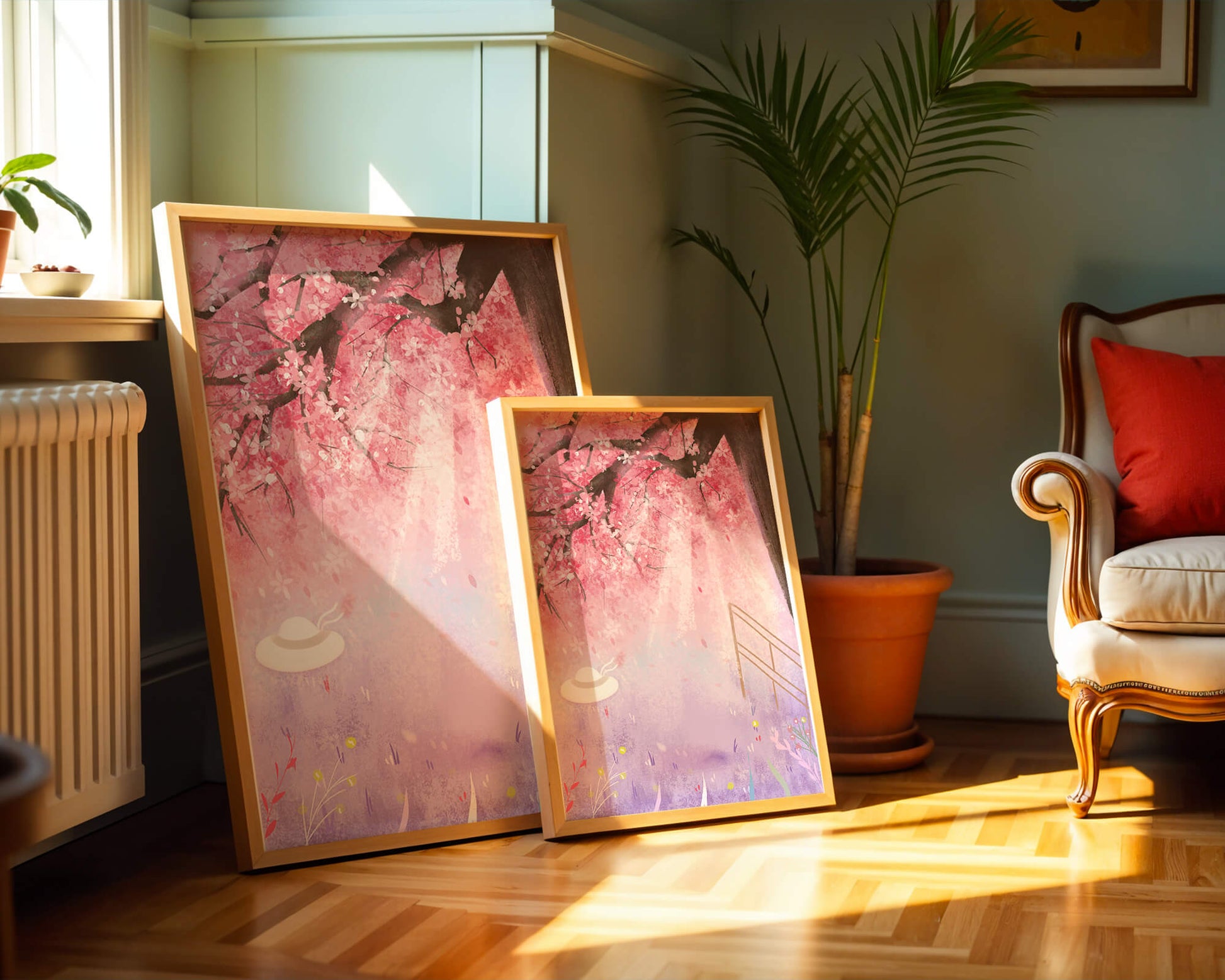 Cherry Blossom Garden with Spring Flowers and Sunlight