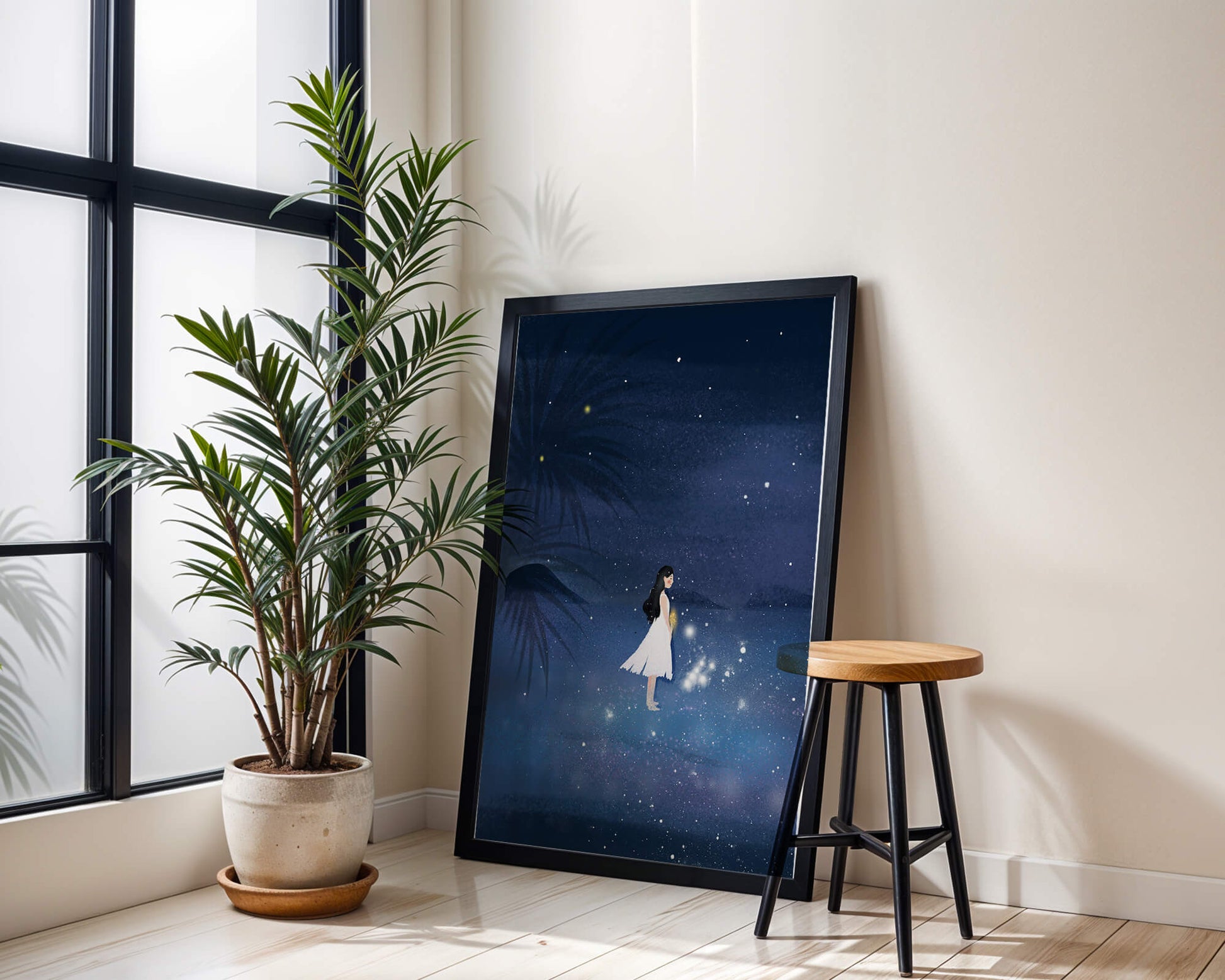 Girl in White Dress Gazing at Starry Night Sky