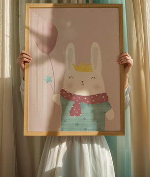 Ilustración adorable de un conejo con globo rosa y corona dorada