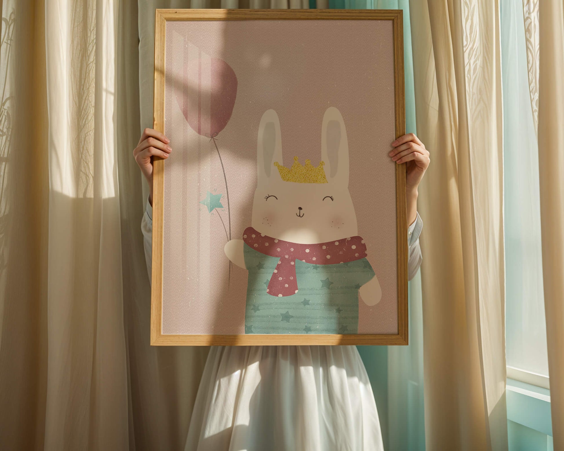 Adorable ilustración de conejito con globo rosa y corona dorada.