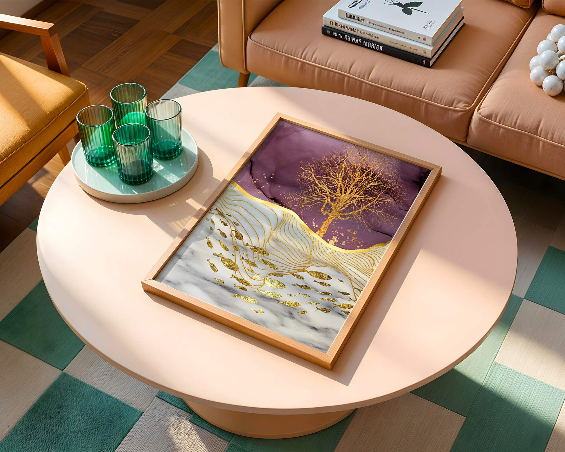 Abstract Tree with Gold Fish on Marble Background