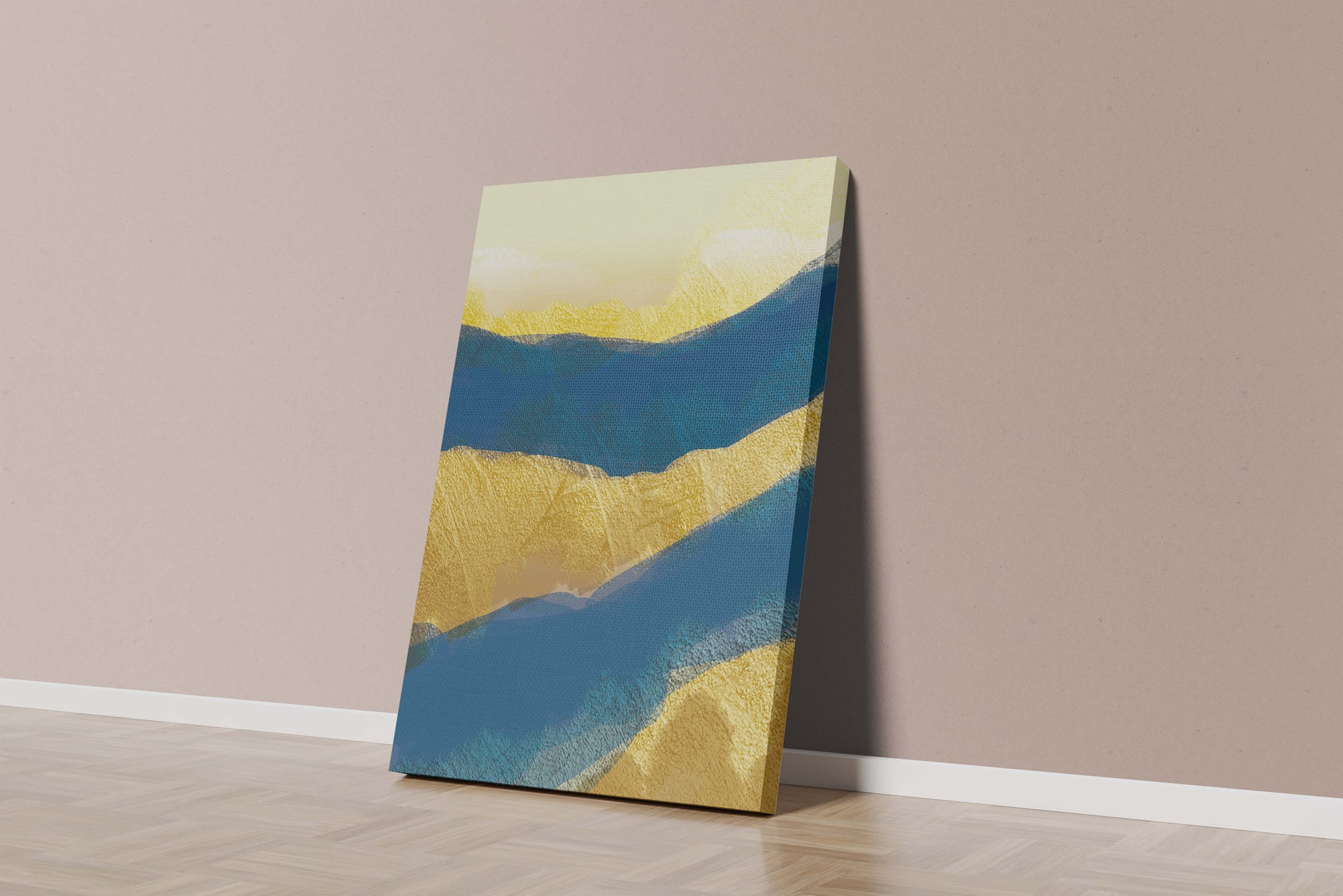 Abstract landscape with blue and yellow textured layers