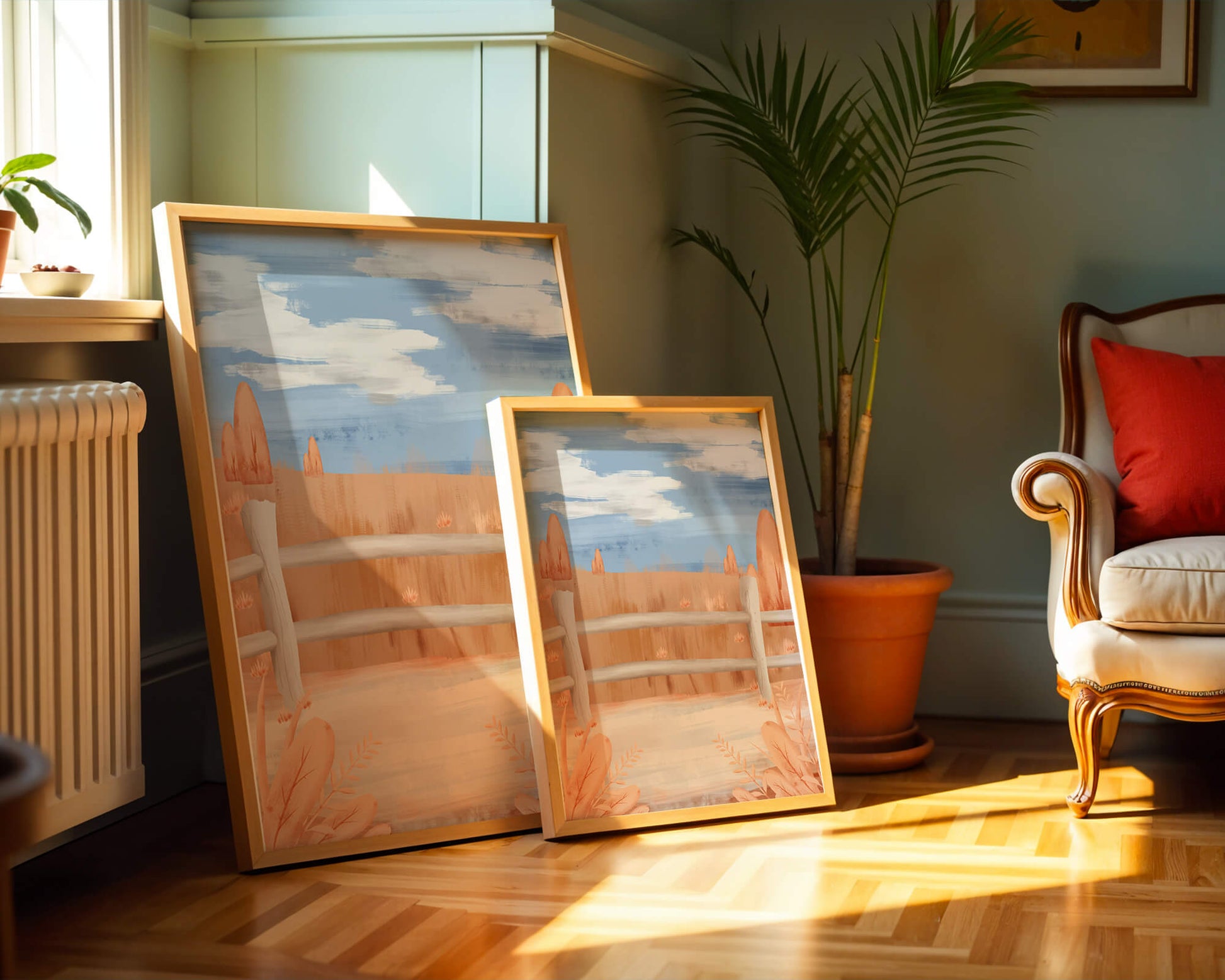 Paisaje otoñal sereno con cerca de madera y cielo azul