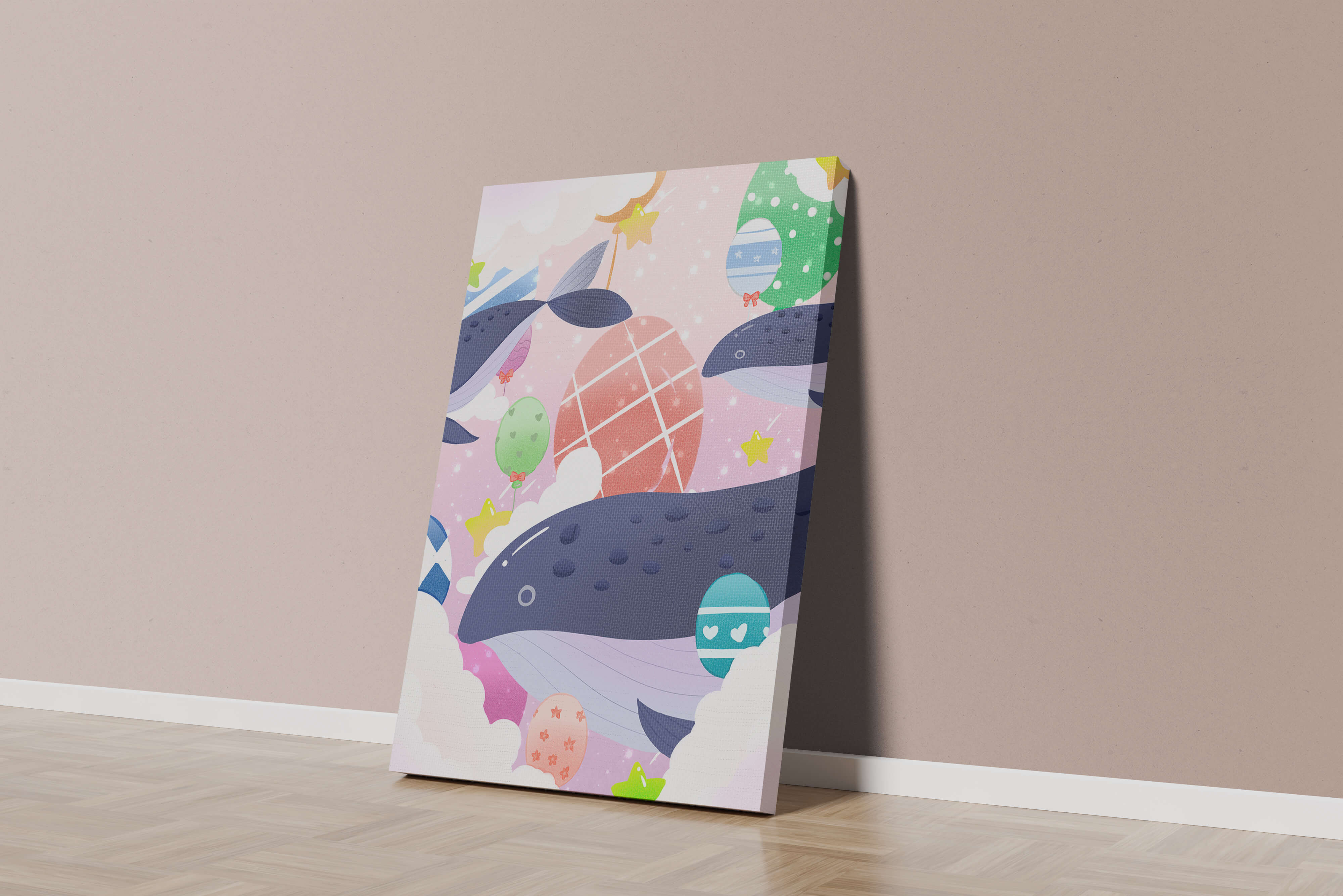 Whimsical illustration of whales and floating stars with colorful eggs