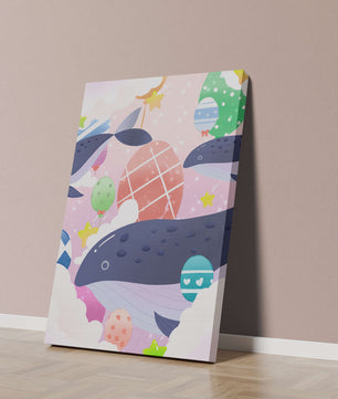Whimsical illustration of whales and floating stars with colorful eggs