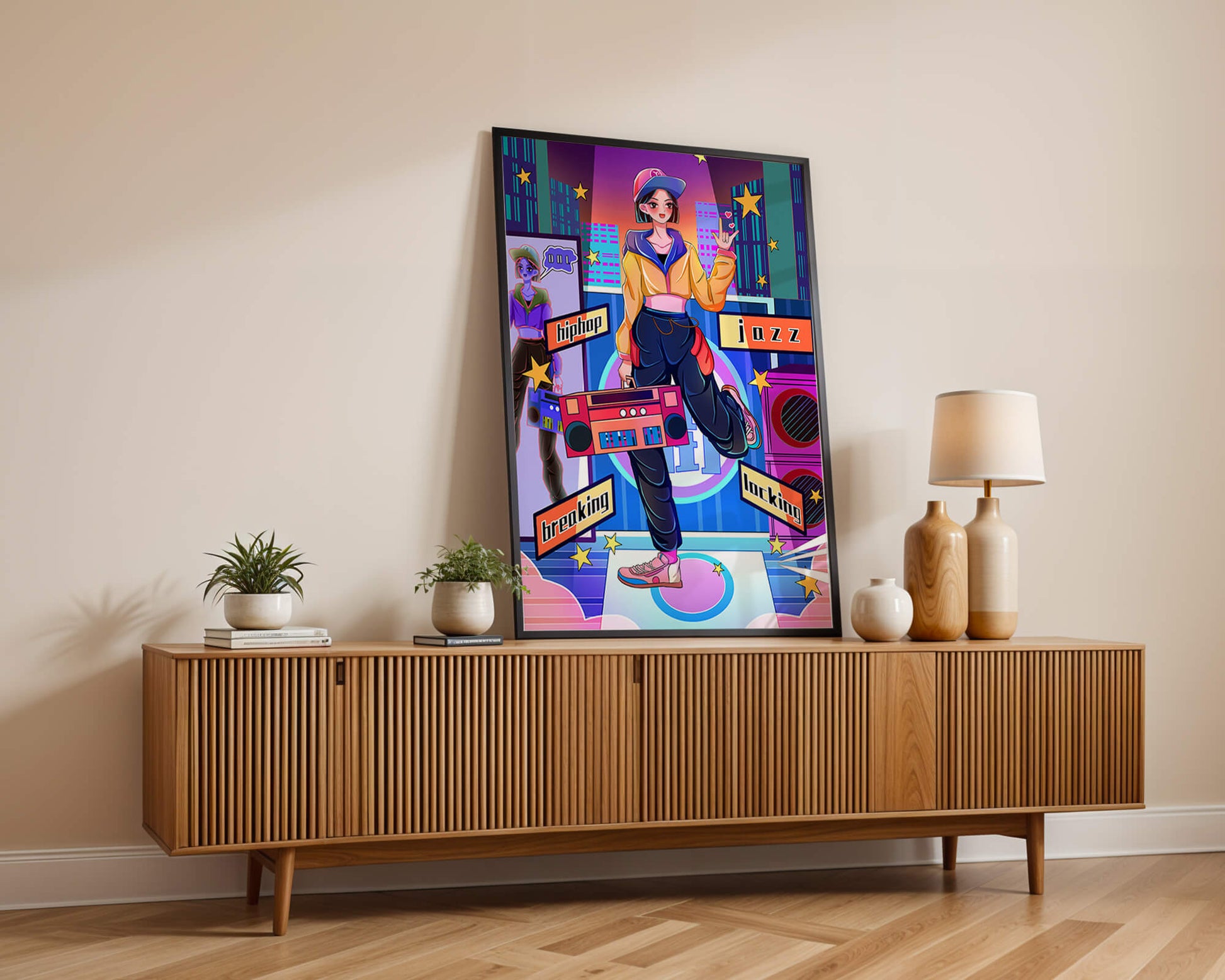 Colorful urban dance scene with hip hop and jazz elements
