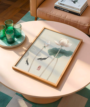 Fleurs de lotus et carpes koï dans une illustration d’art asiatique minimaliste