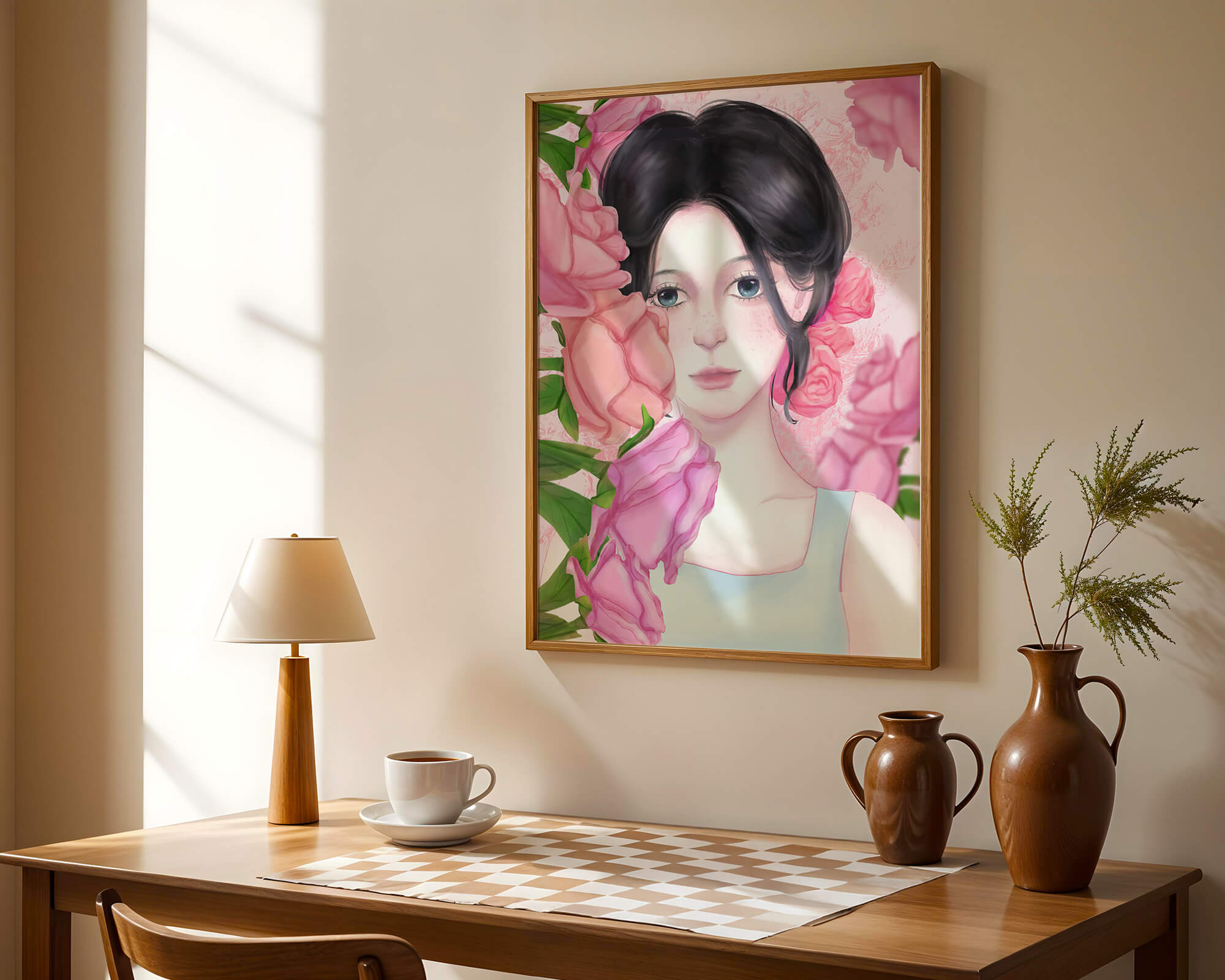 Illustration of a woman surrounded by pink roses