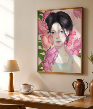 Illustration d'une femme entourée de roses roses