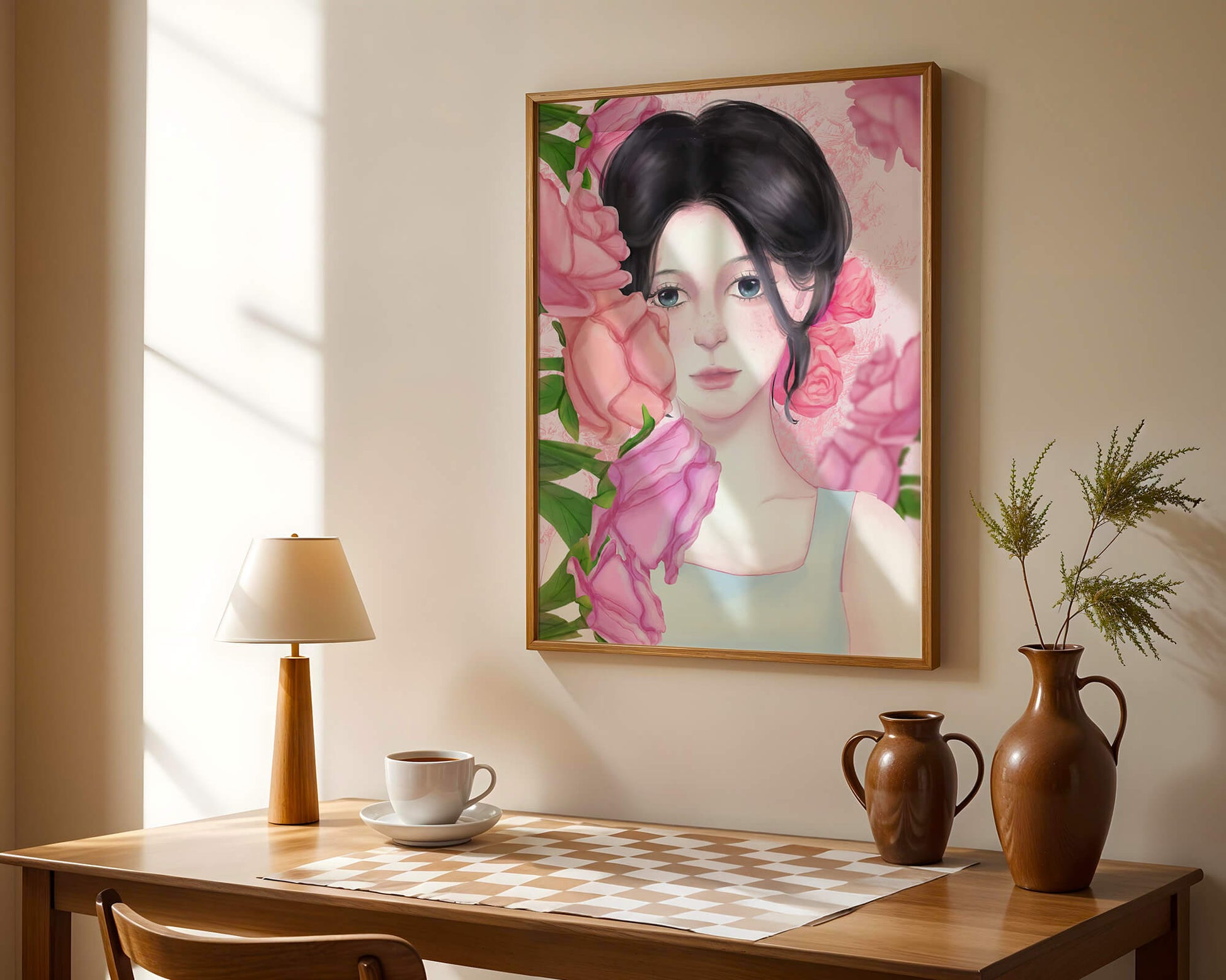 Illustration of a woman surrounded by pink roses