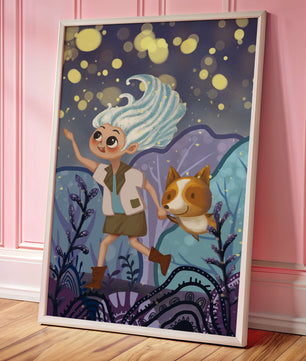 Whimsical Adventure in a Magical Night Sky Landscape