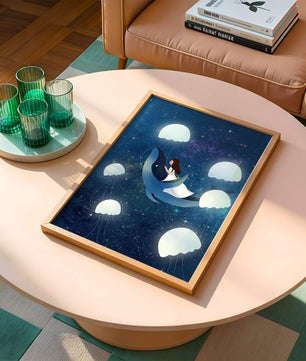 Dreamlike scene of a girl riding a whale among jellyfish in space