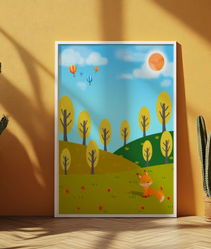 Whimsical landscape with hot air balloons and a fox in autumn scenery