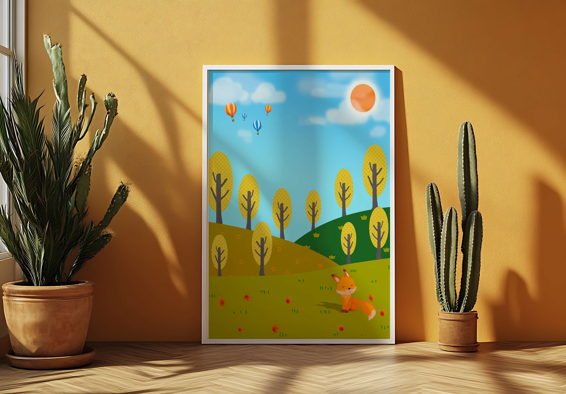 Whimsical landscape with hot air balloons and a fox in autumn scenery