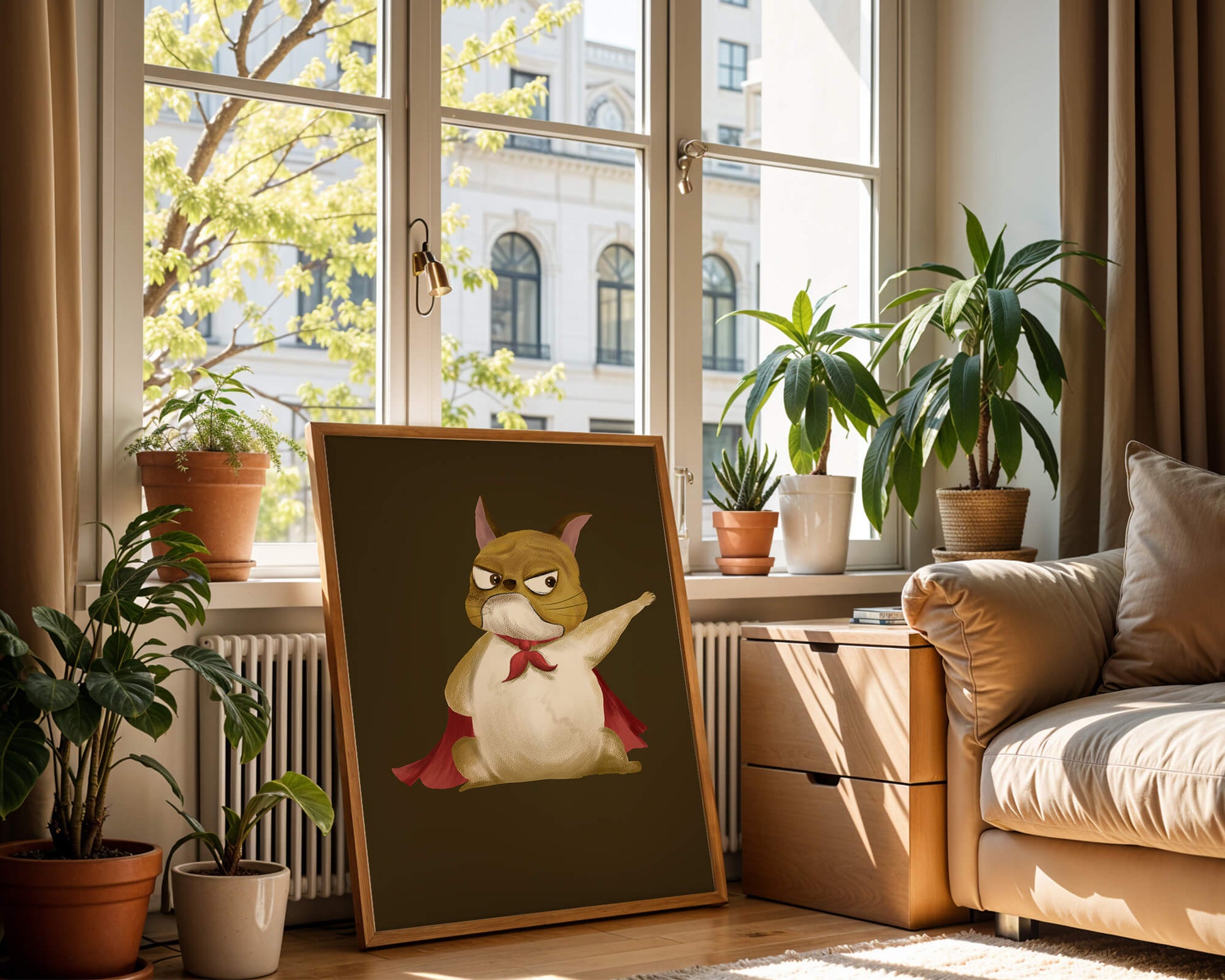 Cartoon superhero dog with red cape illustrating playful strength