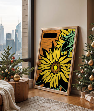 Colorful sunflower illustration with bold lines and dots