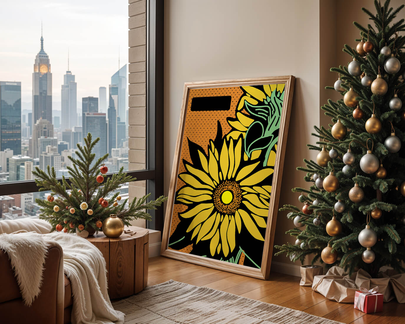 Colorful sunflower illustration with bold lines and dots