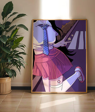 Estilo anime de una escolar posando con el signo de la paz en colores vibrantes
