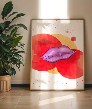 Vibrant Abstract Artwork Featuring Purple Lips on Watercolor Background