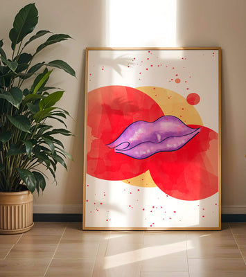Vibrant Abstract Artwork Featuring Purple Lips on Watercolor Background