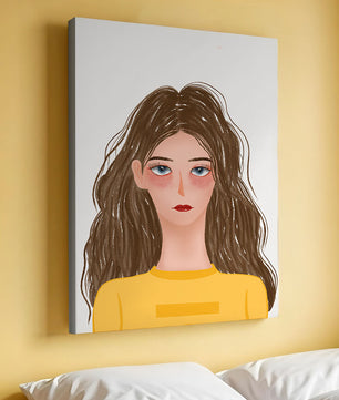 Illustrated portrait of a woman with long brown hair and expressive eyes
