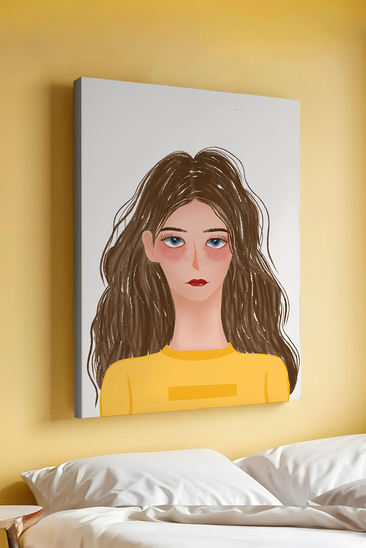 Illustrated portrait of a woman with long brown hair and expressive eyes