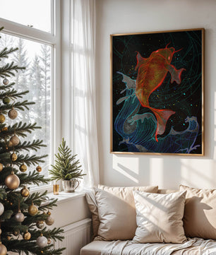Koi Fish with Abstract Waves in Vibrant Colors
