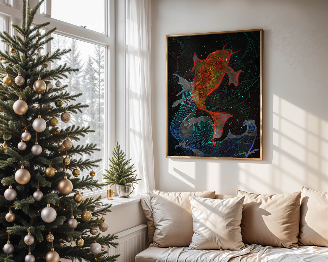 Koi Fish with Abstract Waves in Vibrant Colors
