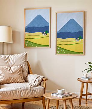 Serene Countryside Landscape with Mountain and Flowers