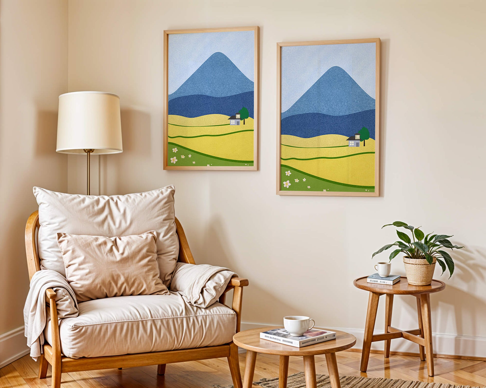 Serene Countryside Landscape with Mountain and Flowers