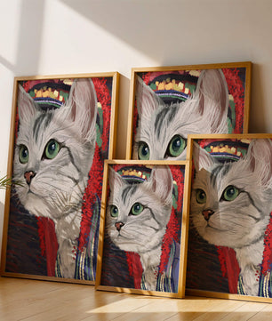 Illustrated cat portrait with colorful accents