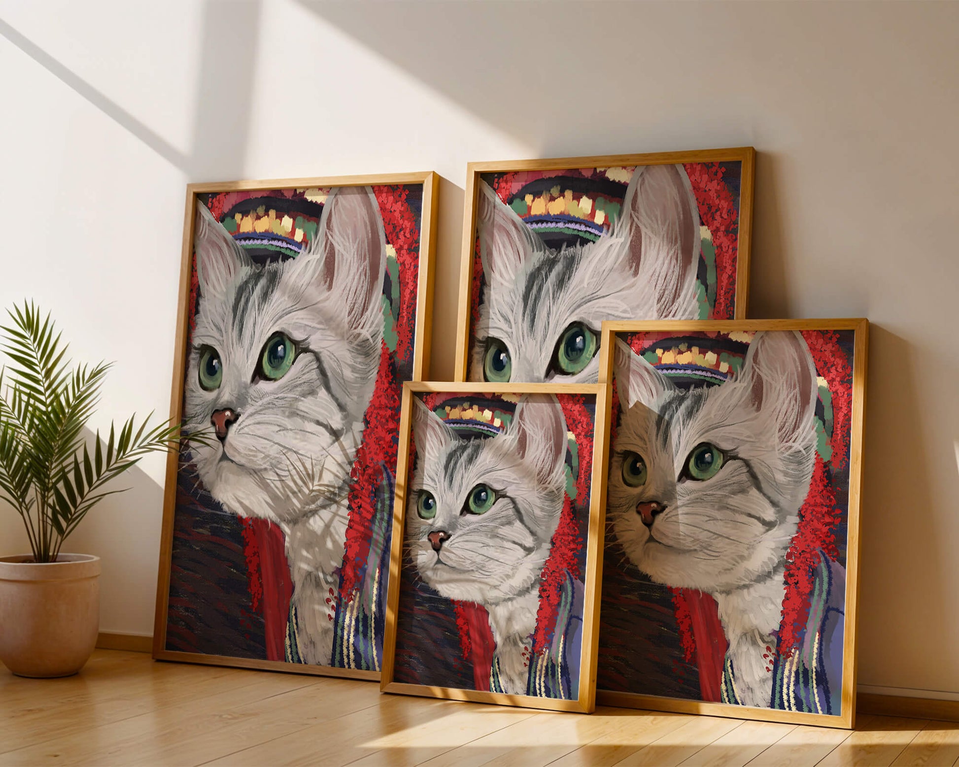 Illustrated cat portrait with colorful accents