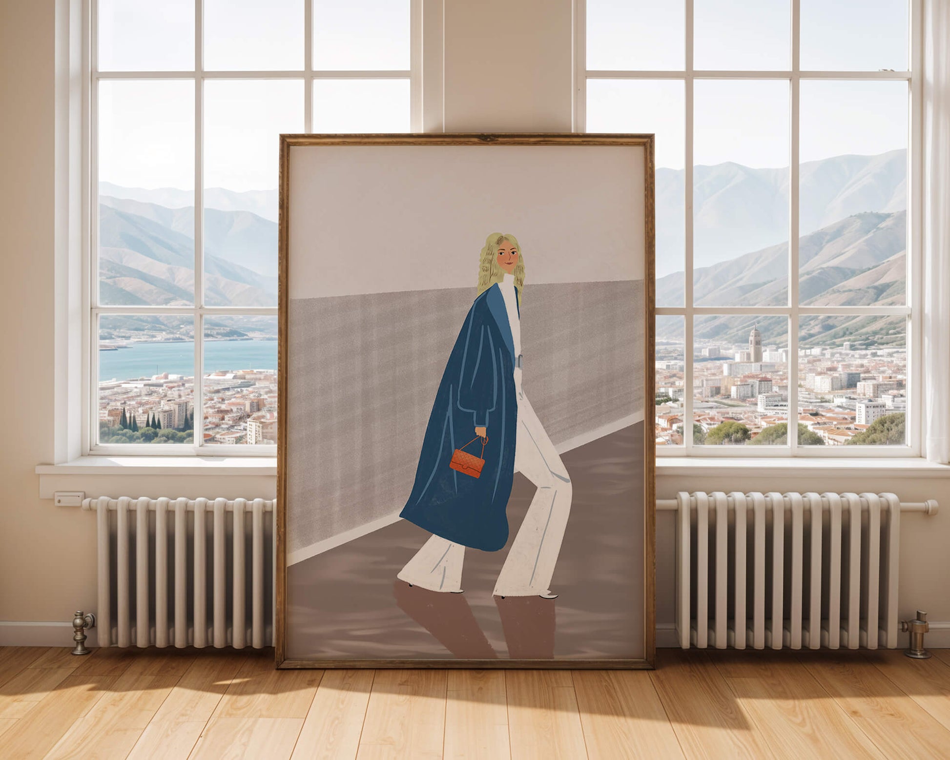Fashionable Woman in Long Blue Coat Walking Along Corridor with Orange Handbag