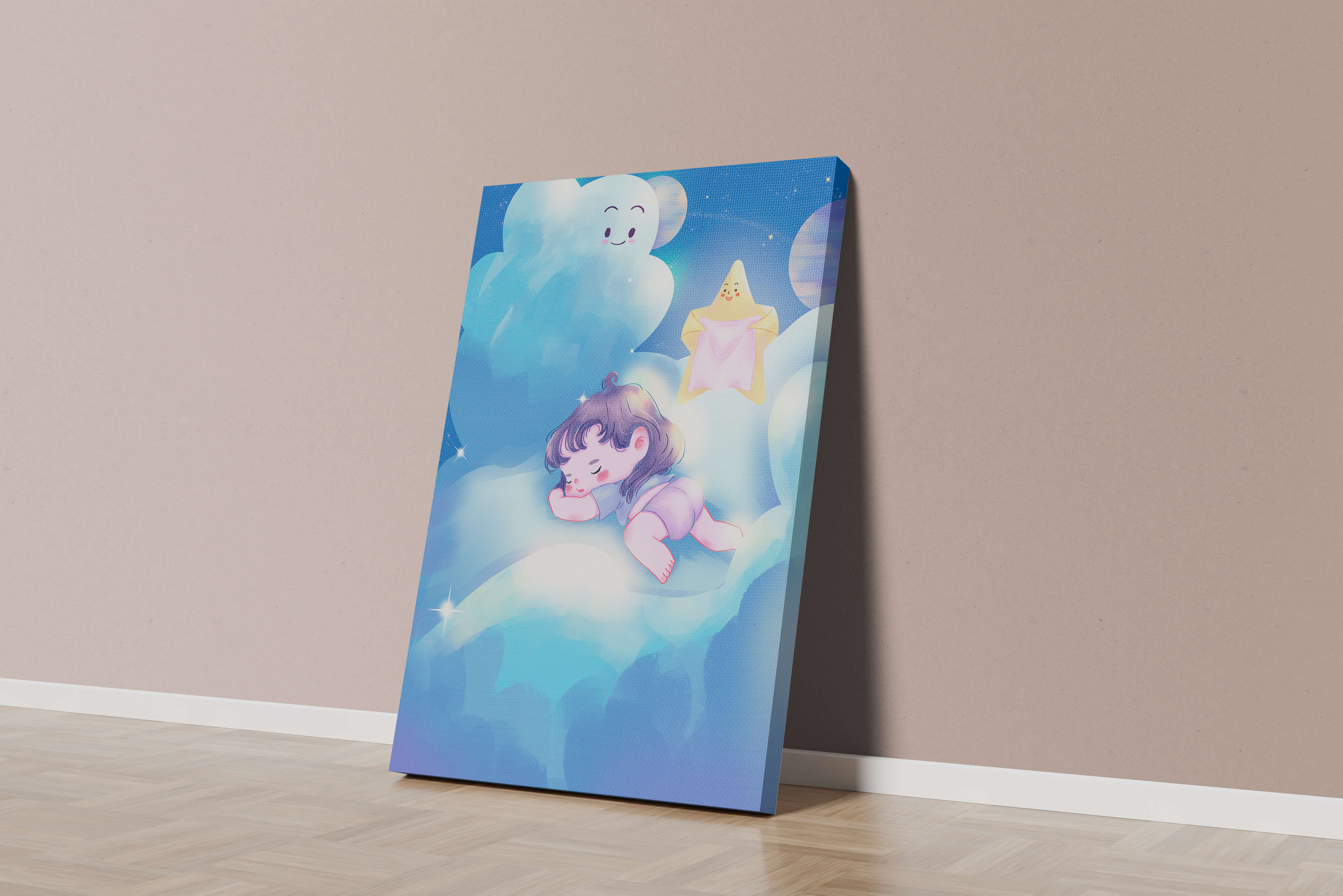Dreamy illustration of sleeping child on clouds with smiling cloud and star