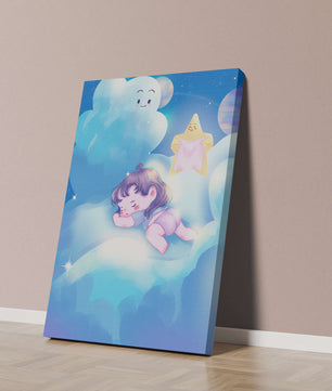 Dreamy illustration of sleeping child on clouds with smiling cloud and star