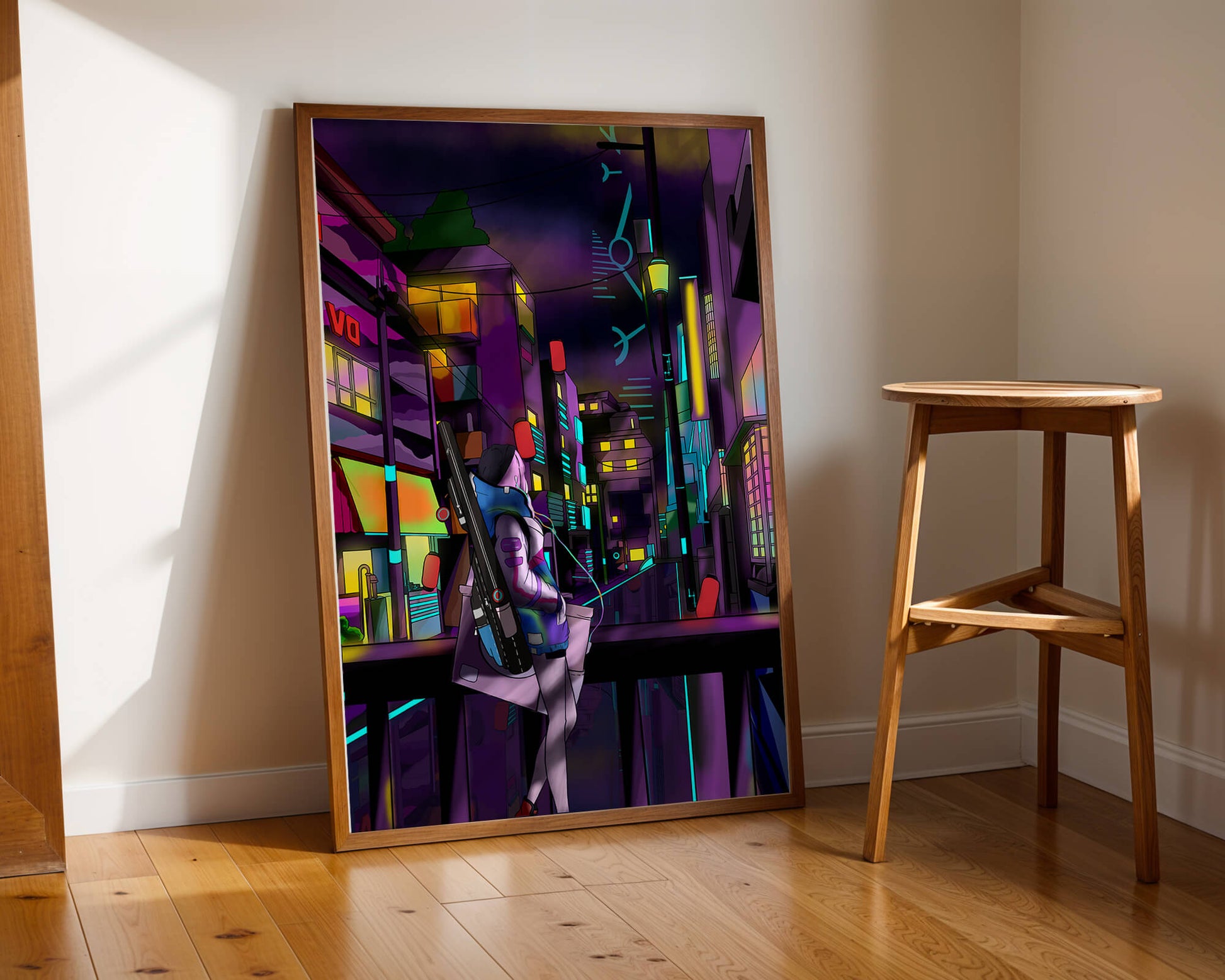 Cyberpunk cityscape with a futuristic character at night