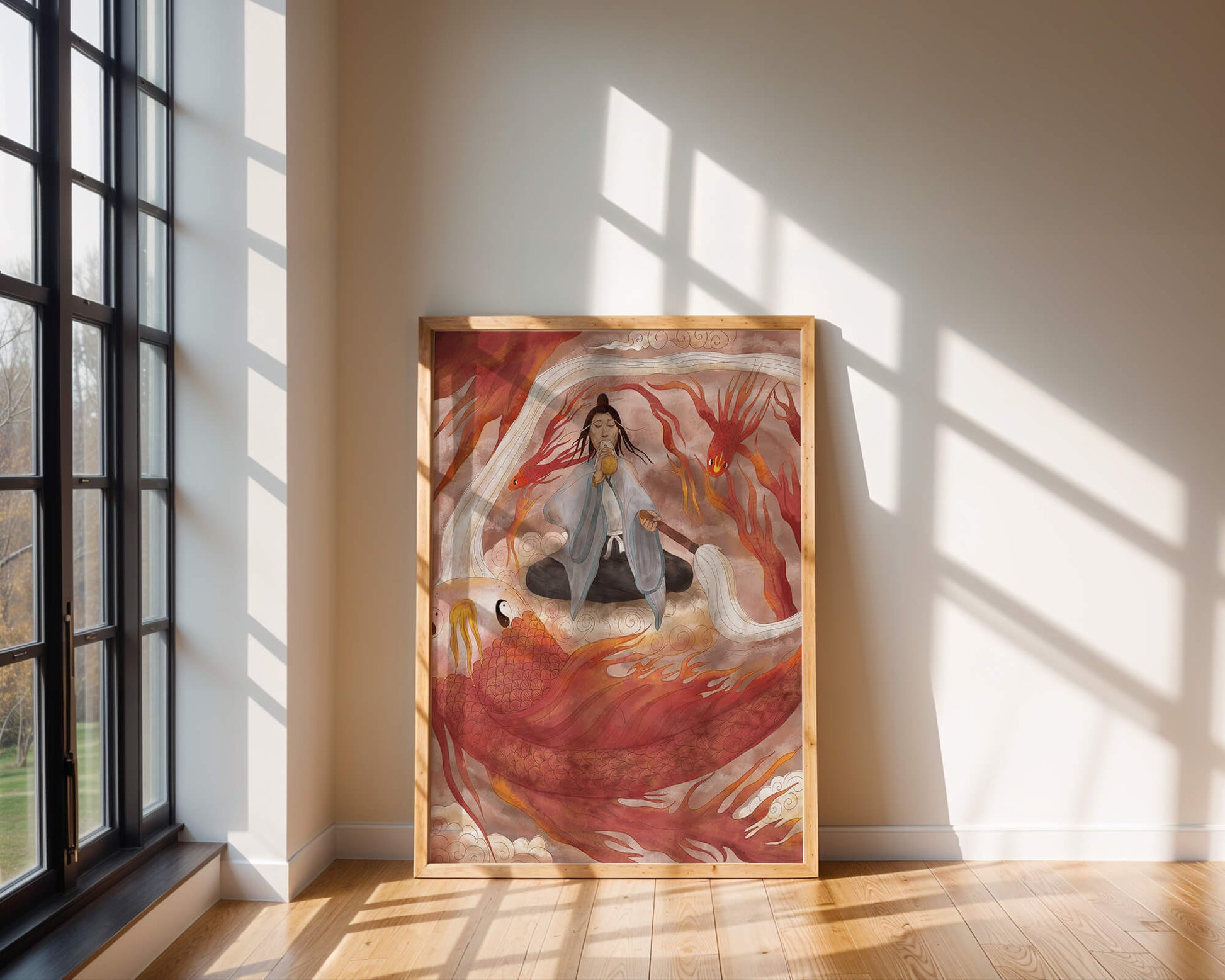 Serene meditation with mystical elements and mythical creatures
