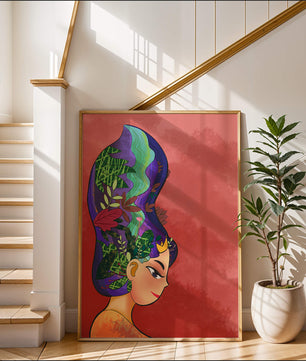 Colorful artistic portrait with nature-inspired hair design