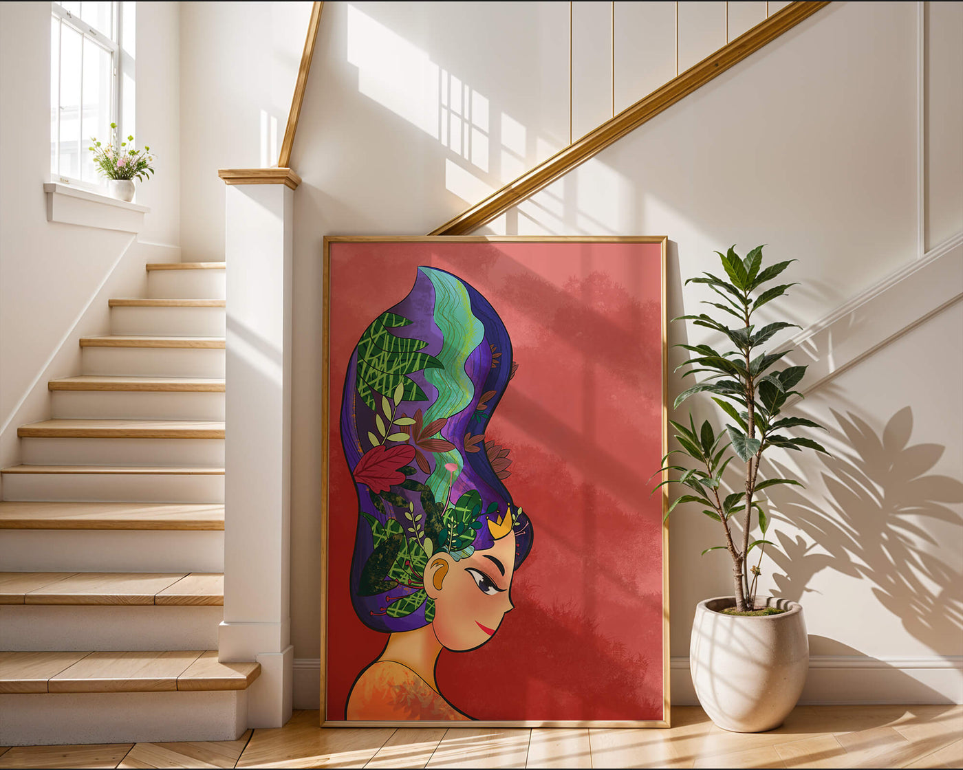 Colorful artistic portrait with nature-inspired hair design
