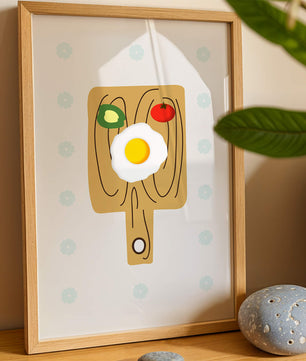 Ilustración de una escena de desayuno con huevo, aguacate y tomate sobre tabla de madera